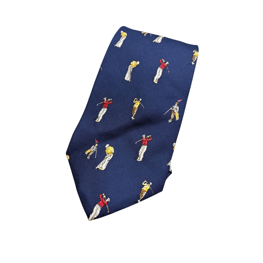 Polo Ralph Lauren Mens Navy Blue Silk Tie Golfer Golf Motif Embroidered Preppy